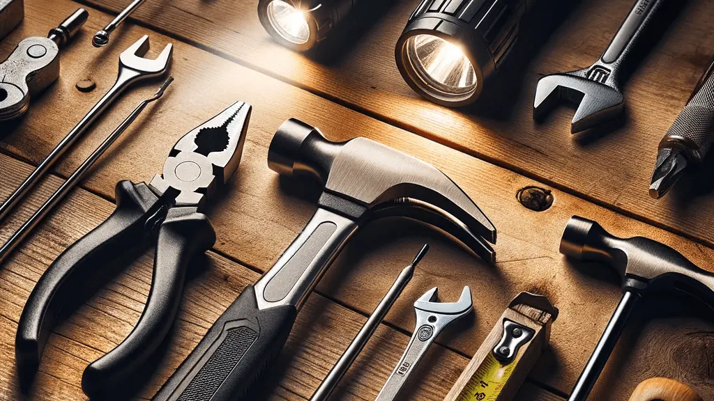 tools for garbage disposal repair like allen wrench pliers flashlight etc.