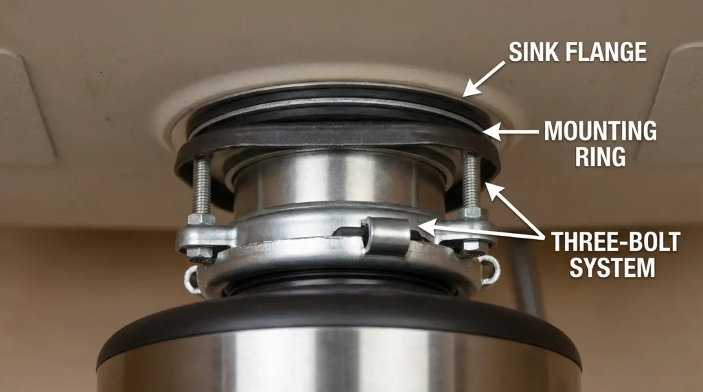 Three bolt garbage disposal mounting assembly attached to sink flange under kitchen sink