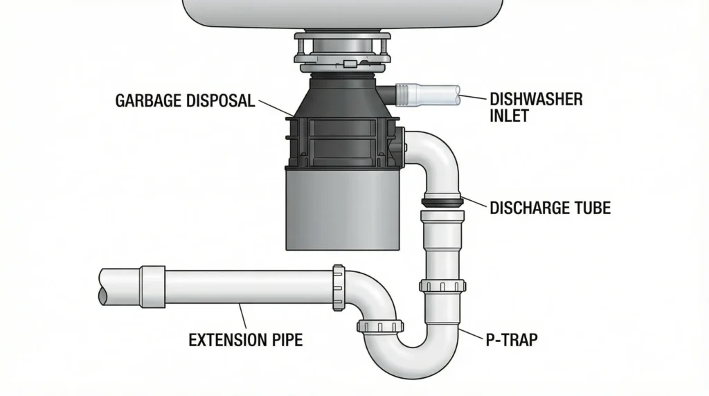 Garbage disposal plumbing connection diagram showing discharge tube dishwasher inlet and P trap