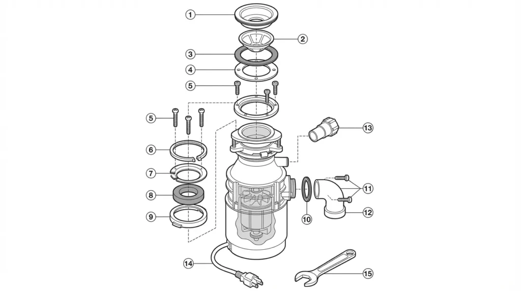 Moen garbage disposal parts diagram showing mounting assembly, drain elbow, splash guard, and power cord components