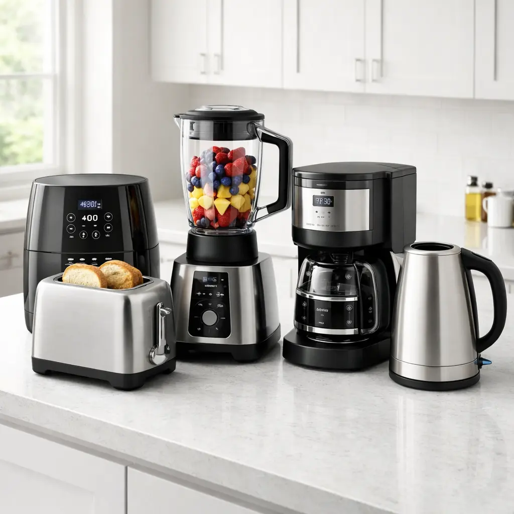 kitchen appliances like blender, juicer, toaster, and coffee maker on the kitchen countertop