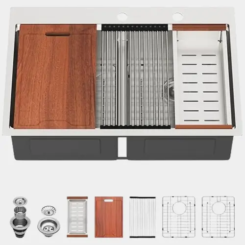 Lordear 33-inch 16-gauge stainless steel double-bowl top-mount kitchen sink with X-shaped water guide