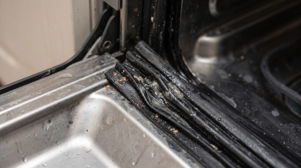 Food residue caked into a dishwasher door rubber gasket