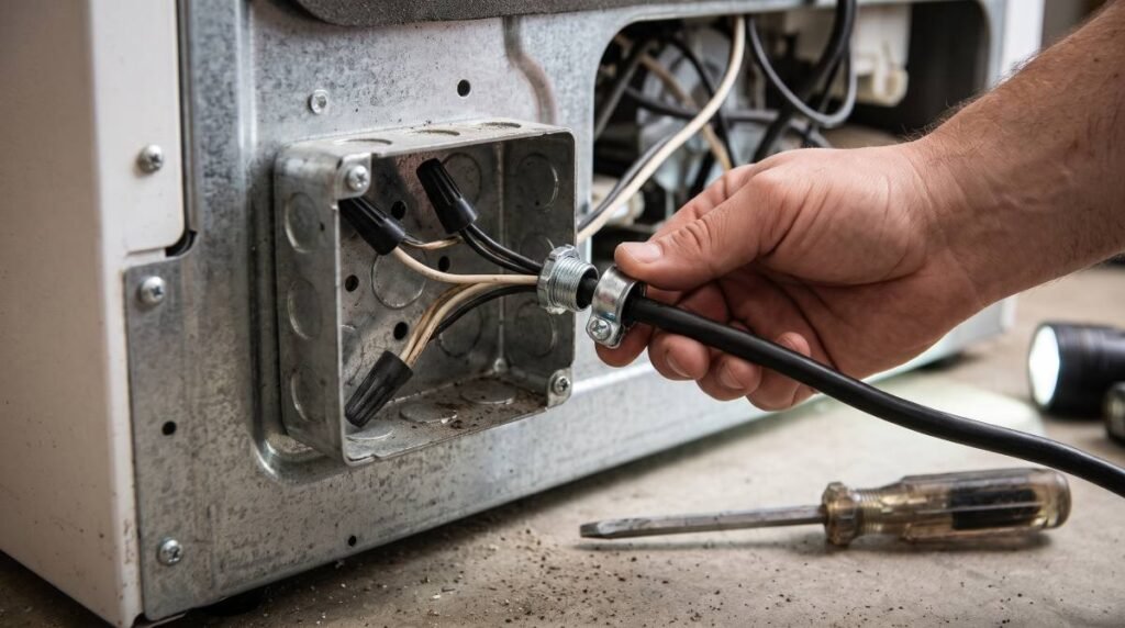 Hand fitting a strain relief clamp onto a dishwasher’s power cord at the junction box