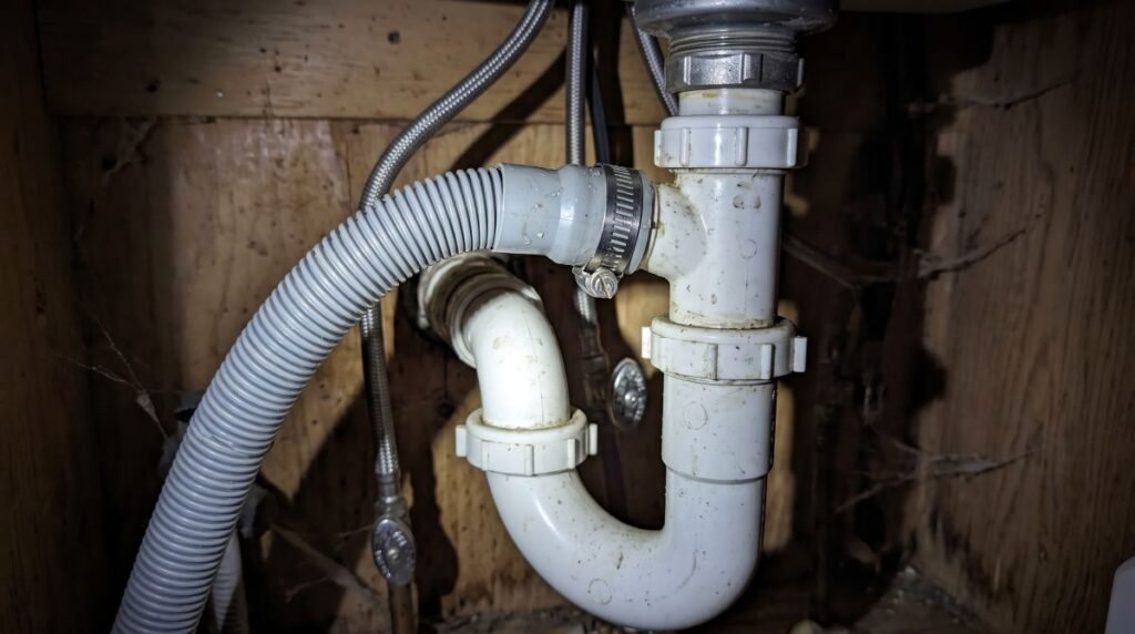 Dishwasher drain hose connected near the P-trap under a sink