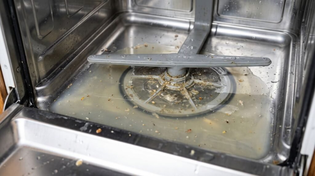Standing water pooled at the bottom of a dishwasher tub