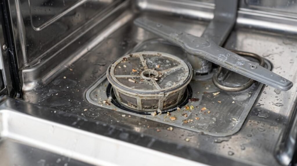 Dirty dishwasher filter with trapped food and grease buildup