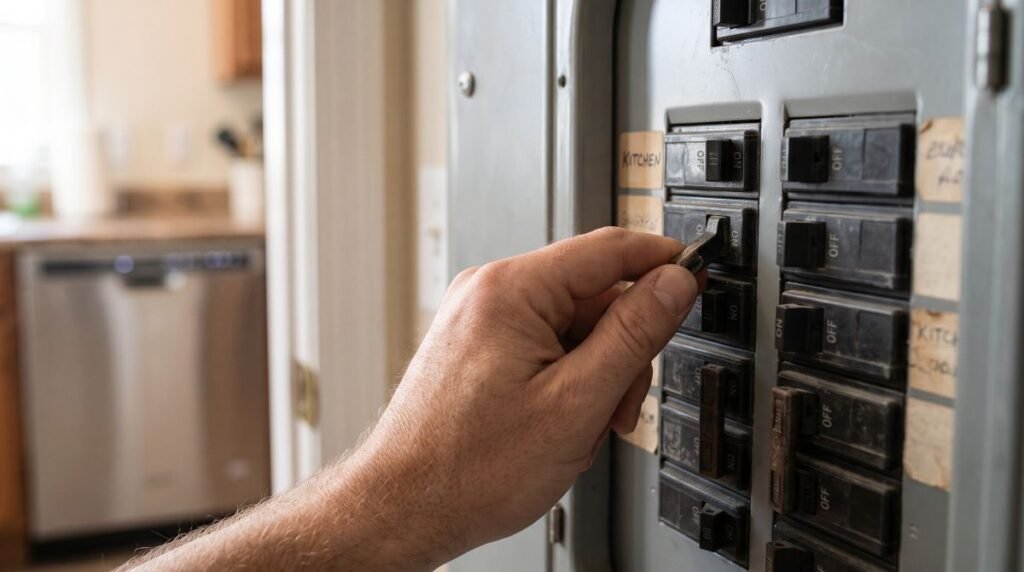 Hand flipping the circuit breaker back on after installing a dishwasher