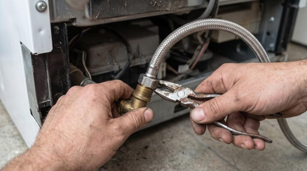 Tightening a braided stainless steel supply line onto a dishwasher's elbow fitting