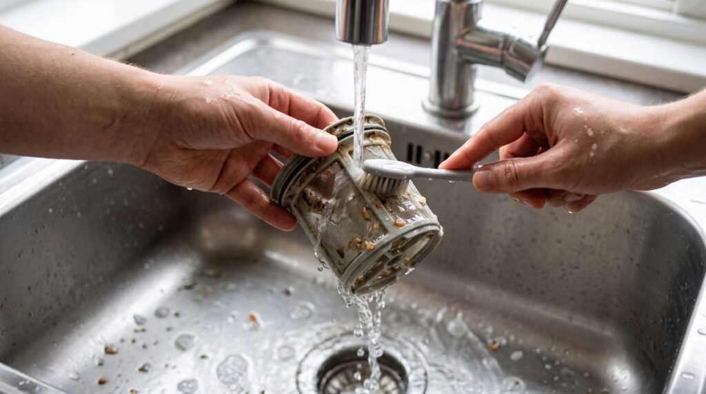 Hands rinsing a dishwasher filter under running water with a brush