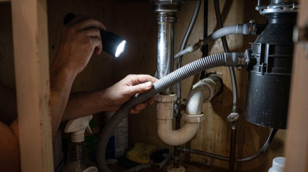 Tracing a dishwasher drain hose under the sink with a flashlight