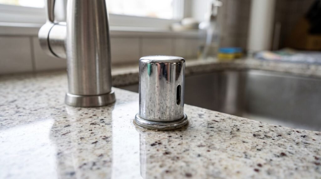Air gap fitting on a kitchen countertop for a dishwasher drain