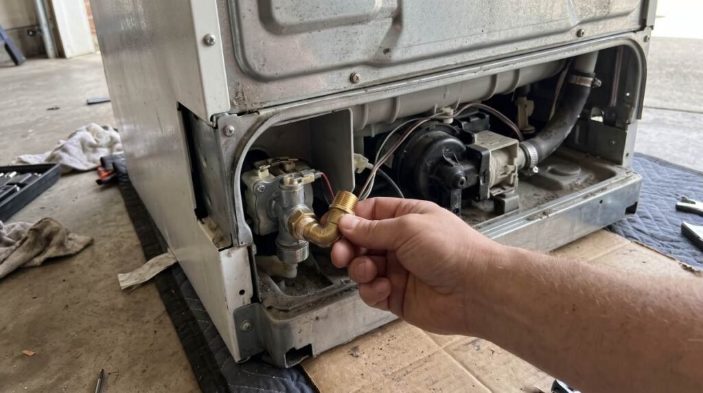 Hand threading a brass elbow fitting onto a dishwasher's water inlet valve