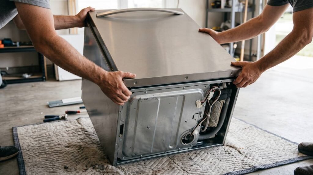 Two people carefully tipping a dishwasher onto its back before installation