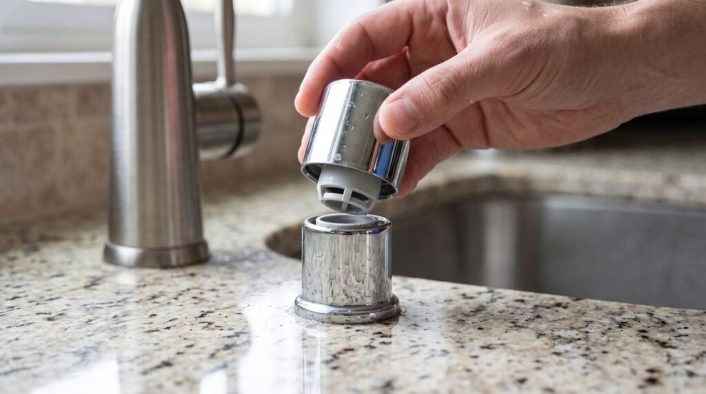 Hand removing the cap from a dishwasher air gap fitting to inspect it