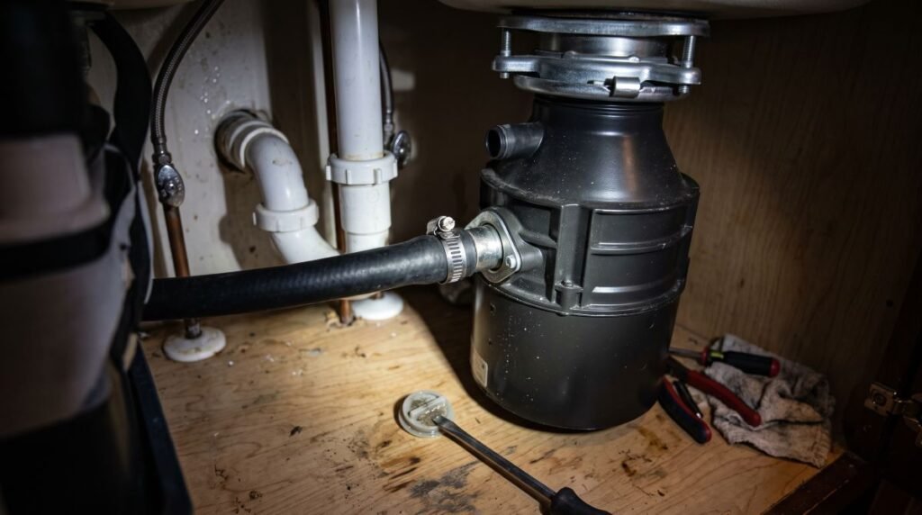Dishwasher hose connected to a garbage disposal inlet with knockout plug removed