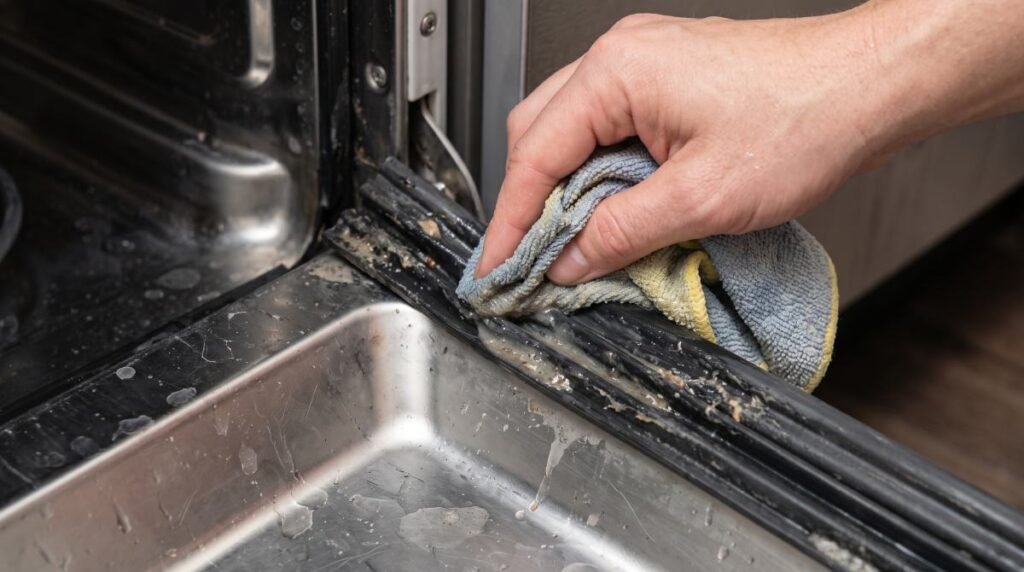 Hand wiping a dishwasher door gasket clean with a damp cloth