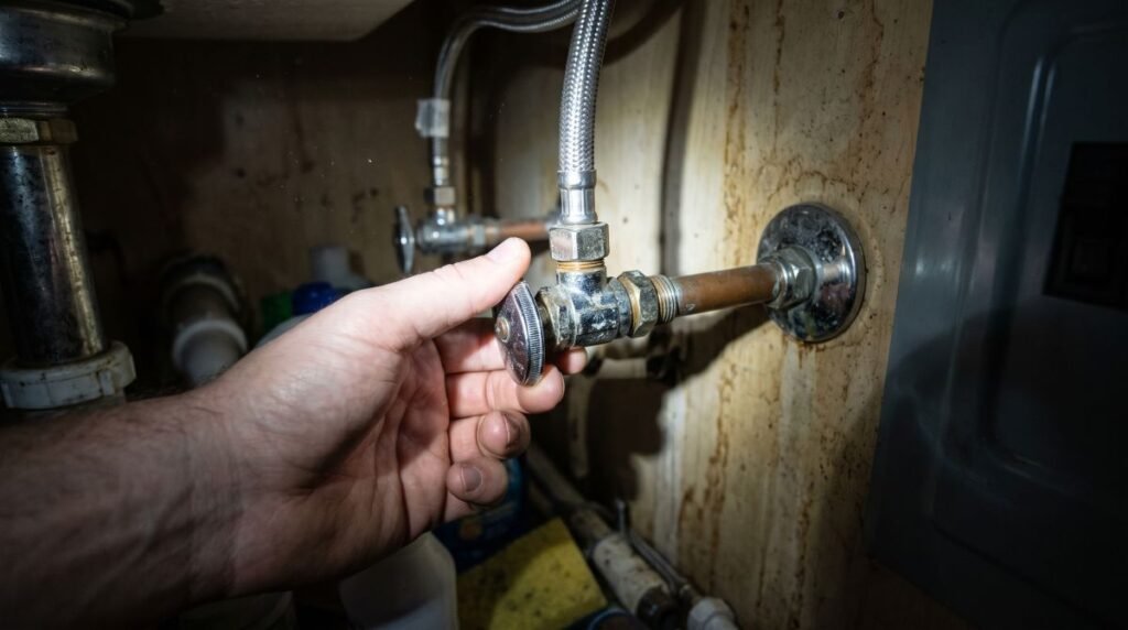 Hand turning off the water shutoff valve under a kitchen sink before dishwasher installation