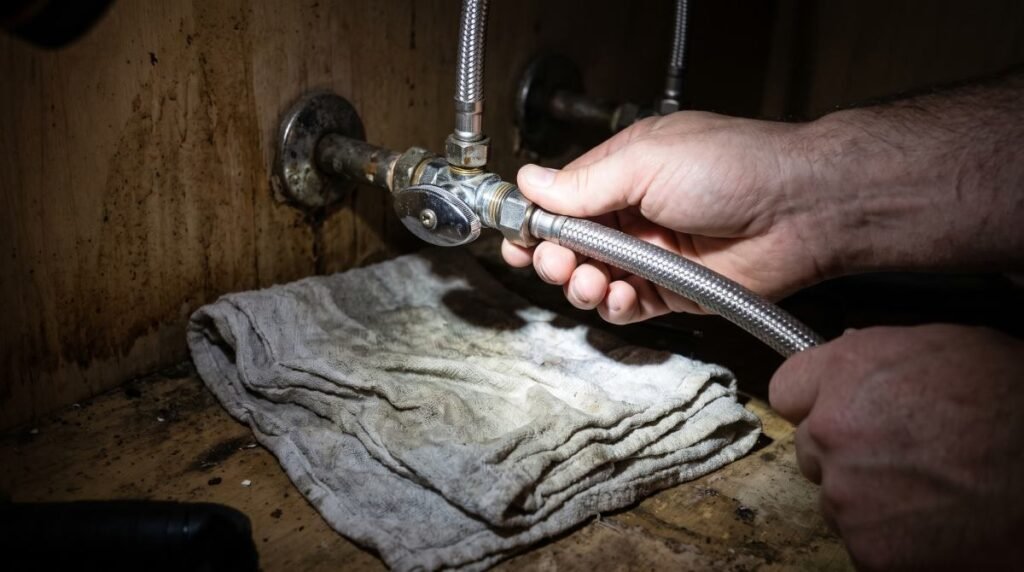 Connecting a dishwasher supply line to the shutoff valve with a towel underneath to catch drips